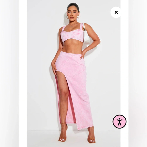 NWT PrettyLittleThing Shape Washed Pink Denim Seam Detail High Split Maxi Skirt - Picture 6 of 6